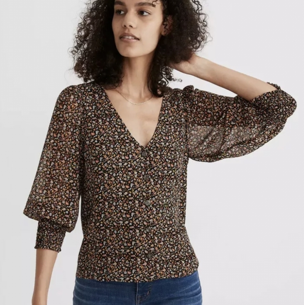 Madewell (Re)sourced Georgette Smocked Cuff Button Front Top 2 Folktale …